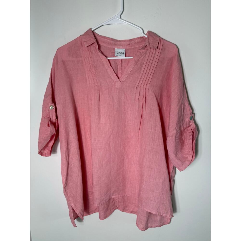 Pure Match USA Sz M Coral Pink 100% Preshrunk Linen Pintuck Neck Boxy Top EUC